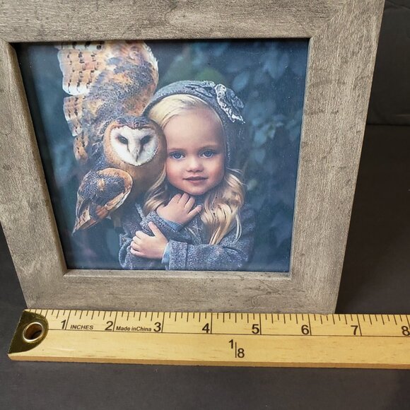 Cool Wooden Framed Girl with Barn Owl Print Woodland Tabletop Shelf Decor 6x6 - Picture 5 of 6